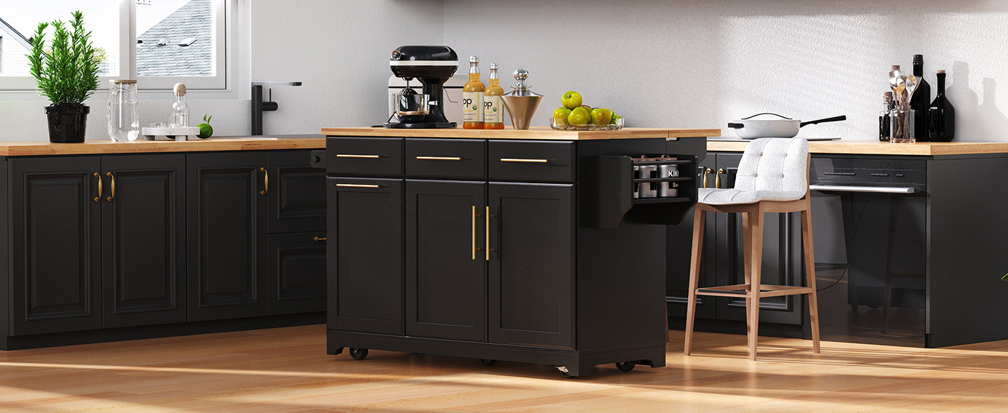 K&K 59.3" Kitchen Island with Storage 2 Pull Out Cabinet Organizers & Rubber Wood Drop Leaf, Rolling Kitchen Island with Trash Can Storage, Power Outlet, Spice & Towel Rack for Kitchen, Dining, Black