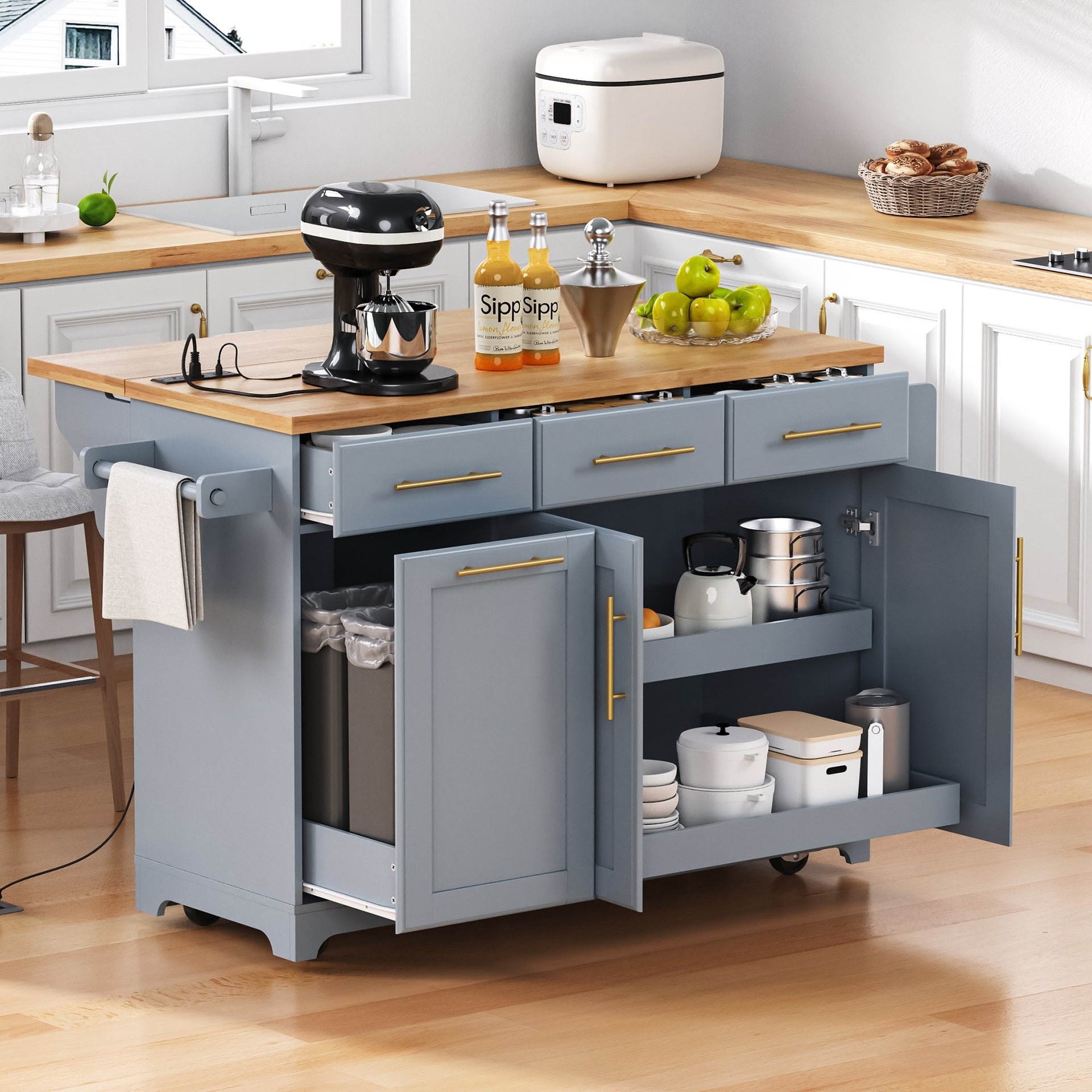 K&K 59.3" Kitchen Island with 2 Pull Out Cabinet Organizers & Rubber Wood Drop Leaf, Rolling Kitchen Island with Trash Can Storage, Power Outlet, Spice & Towel Rack for Kitchen, Dining, Grey Blue