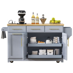 K&K 59.3" Kitchen Island with 2 Pull Out Cabinet Organizers & Rubber Wood Drop Leaf, Rolling Kitchen Island with Trash Can Storage, Power Outlet, Spice & Towel Rack for Kitchen, Dining, Grey Blue