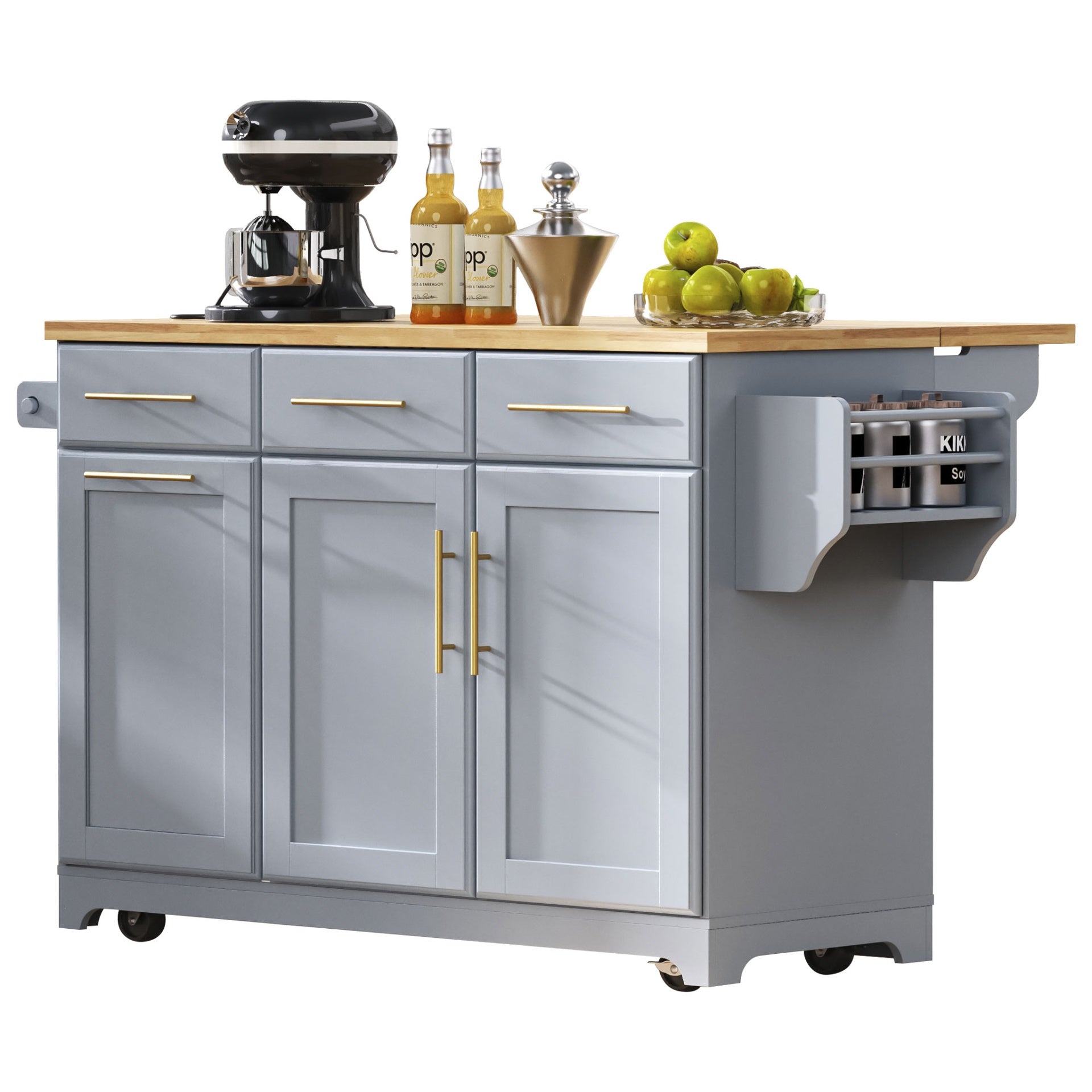 K&K 59.3" Kitchen Island with 2 Pull Out Cabinet Organizers & Rubber Wood Drop Leaf, Rolling Kitchen Island with Trash Can Storage, Power Outlet, Spice & Towel Rack for Kitchen, Dining, Grey Blue