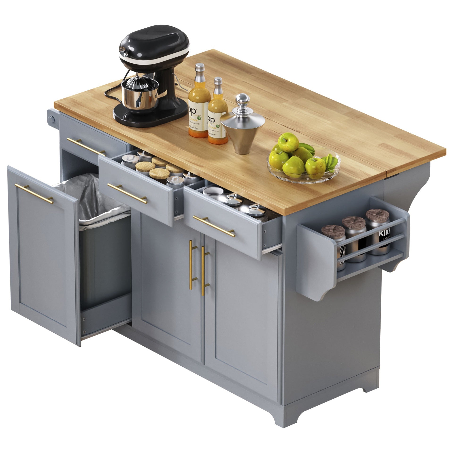 K&K 59.3" Kitchen Island with 2 Pull Out Cabinet Organizers & Rubber Wood Drop Leaf, Rolling Kitchen Island with Trash Can Storage, Power Outlet, Spice & Towel Rack for Kitchen, Dining, Grey Blue