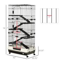 PawHut 60" Small Animal Cage with Wheels, 6-Level Portable Bunny Cage, Chinchilla Ferret Cage with Removable Tray, Platforms and Ramps, Black