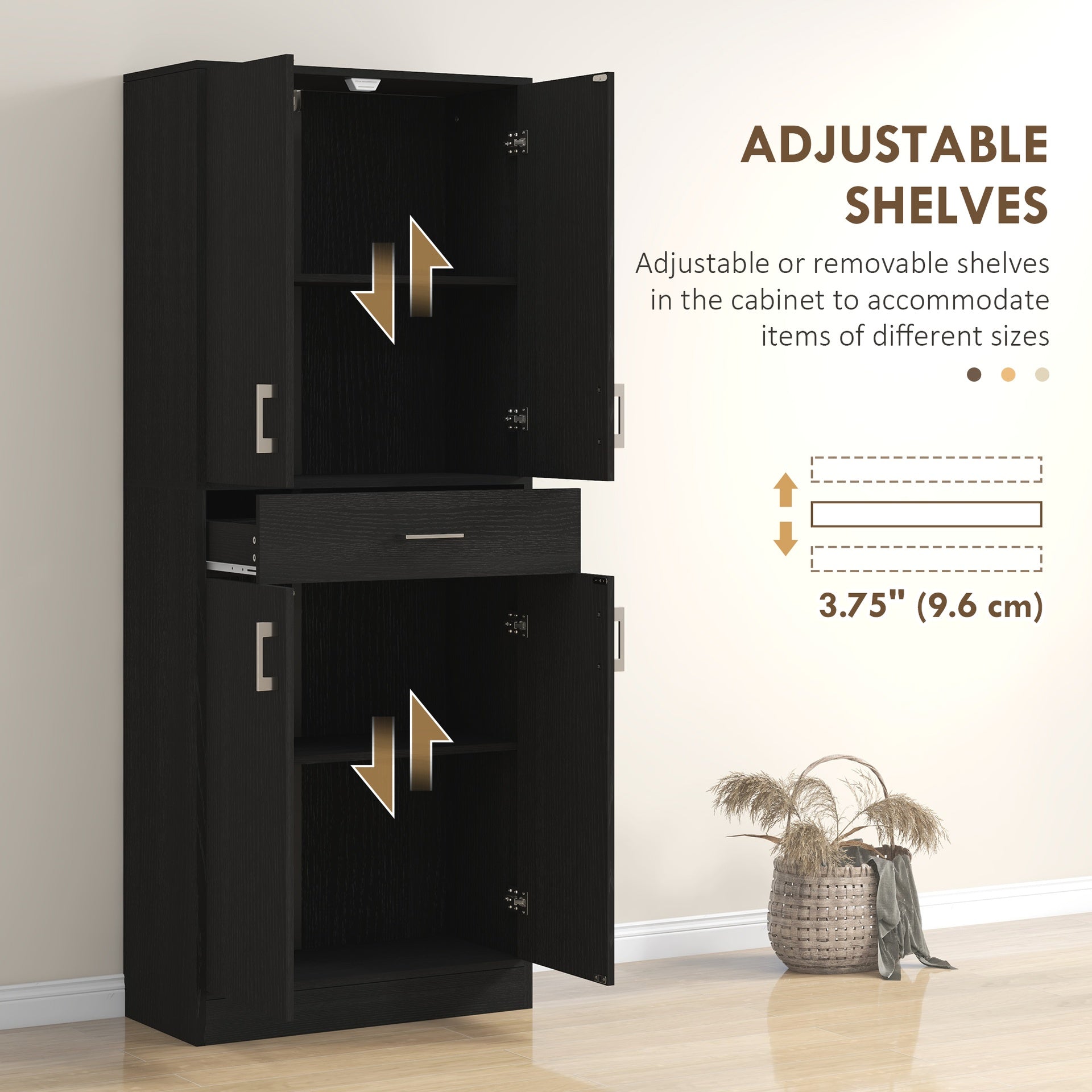 HOMCOM 71" Kitchen Pantry Cabinet with Drawer and Adjustable Shelf, Freestanding Tall Storage Cabinet with 2 Double Door Cupboards, Distressed Black