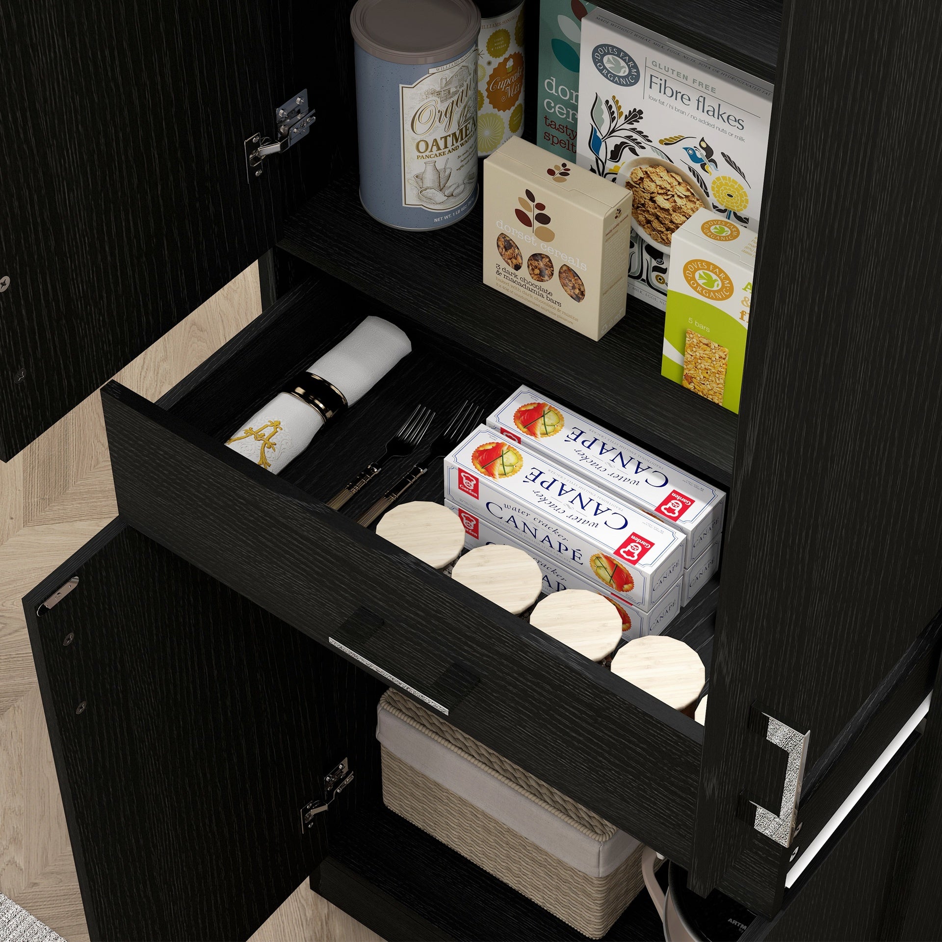 HOMCOM 71" Kitchen Pantry Cabinet with Drawer and Adjustable Shelf, Freestanding Tall Storage Cabinet with 2 Double Door Cupboards, Distressed Black