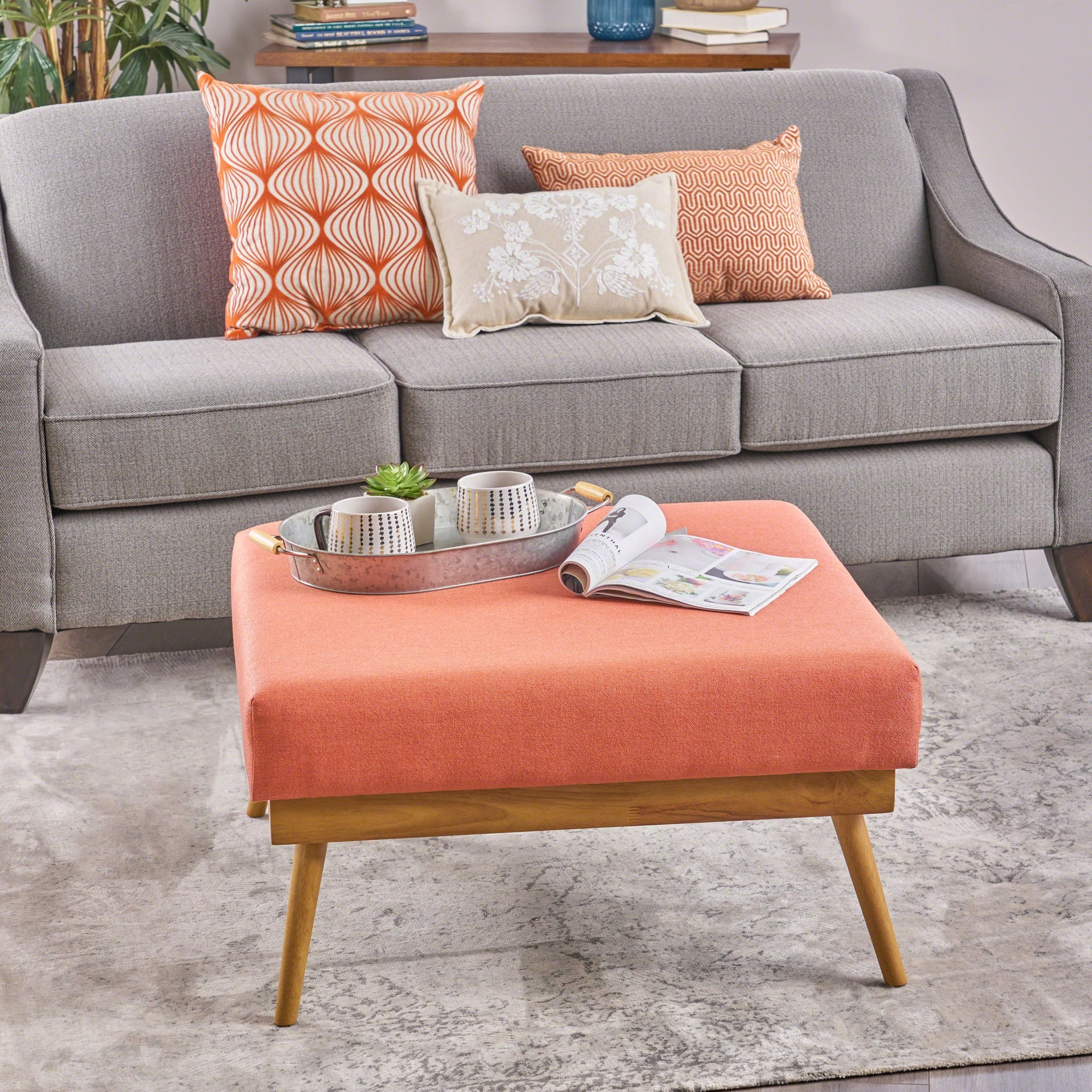 33" Large Square Ottoman Coffee Table, Upholstered Footrest Ottoman with Wood Farmhouse, for Living Room