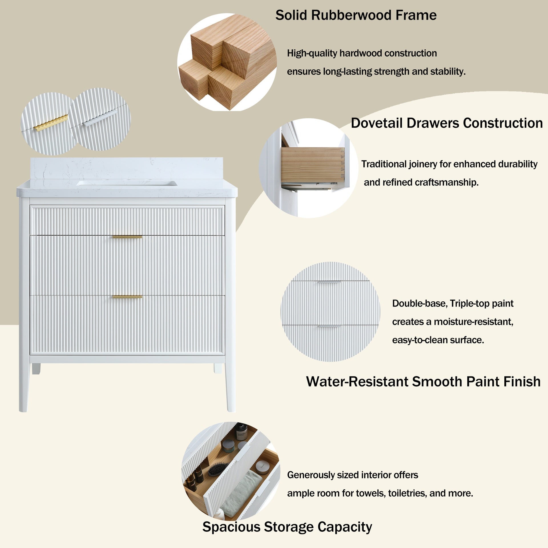 Fully Assembled 36''  White Freestanding Single Sink Bathroom Vanity with 2 Handle Sets and Engineered Marble Top