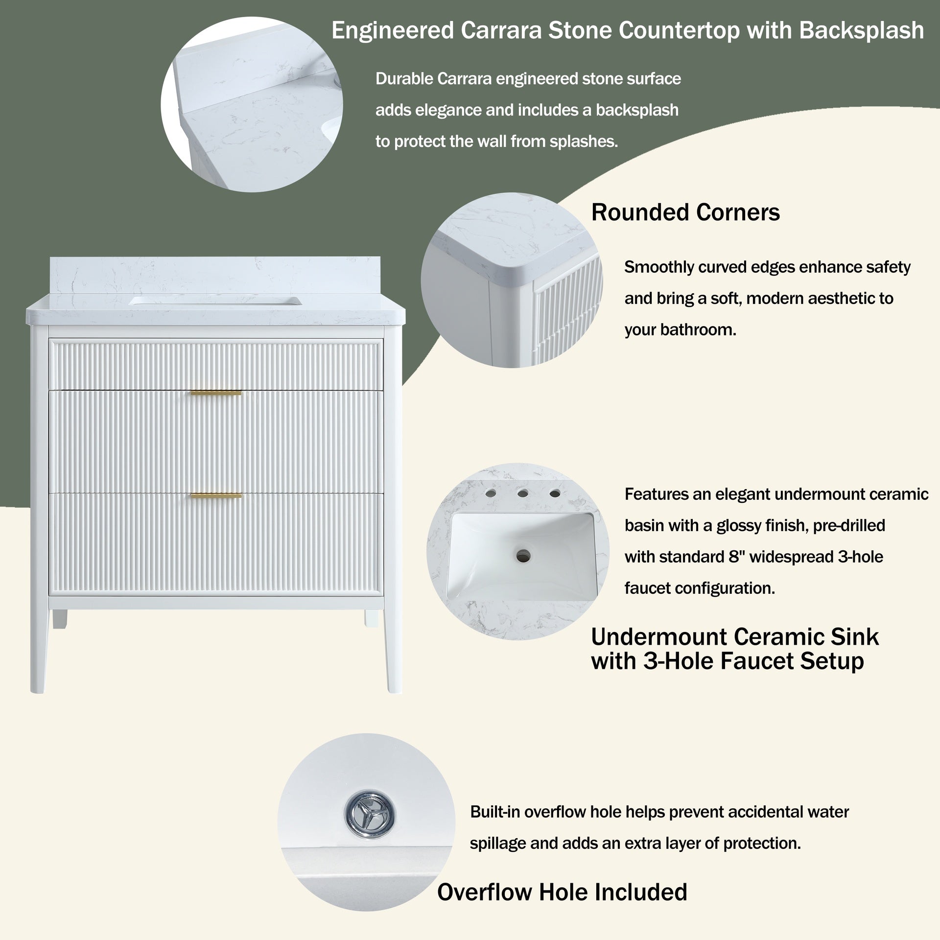 Fully Assembled 36''  White Freestanding Single Sink Bathroom Vanity with 2 Handle Sets and Engineered Marble Top