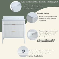Fully Assembled 36''  White Freestanding Single Sink Bathroom Vanity with 2 Handle Sets and Engineered Marble Top
