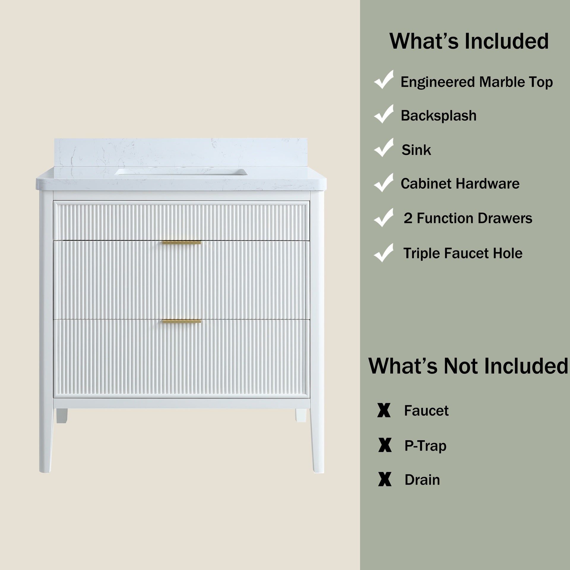 Fully Assembled 36''  White Freestanding Single Sink Bathroom Vanity with 2 Handle Sets and Engineered Marble Top