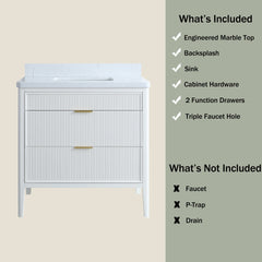 Fully Assembled 36''  White Freestanding Single Sink Bathroom Vanity with 2 Handle Sets and Engineered Marble Top