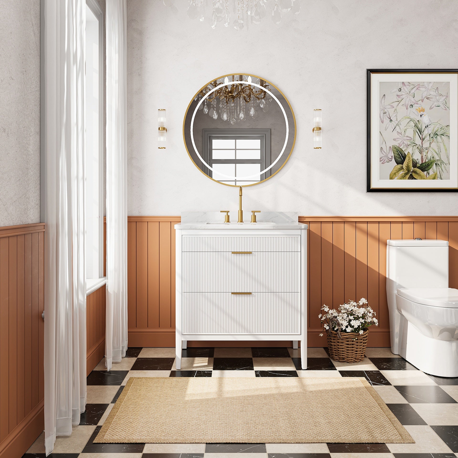 Fully Assembled 36''  White Freestanding Single Sink Bathroom Vanity with 2 Handle Sets and Engineered Marble Top