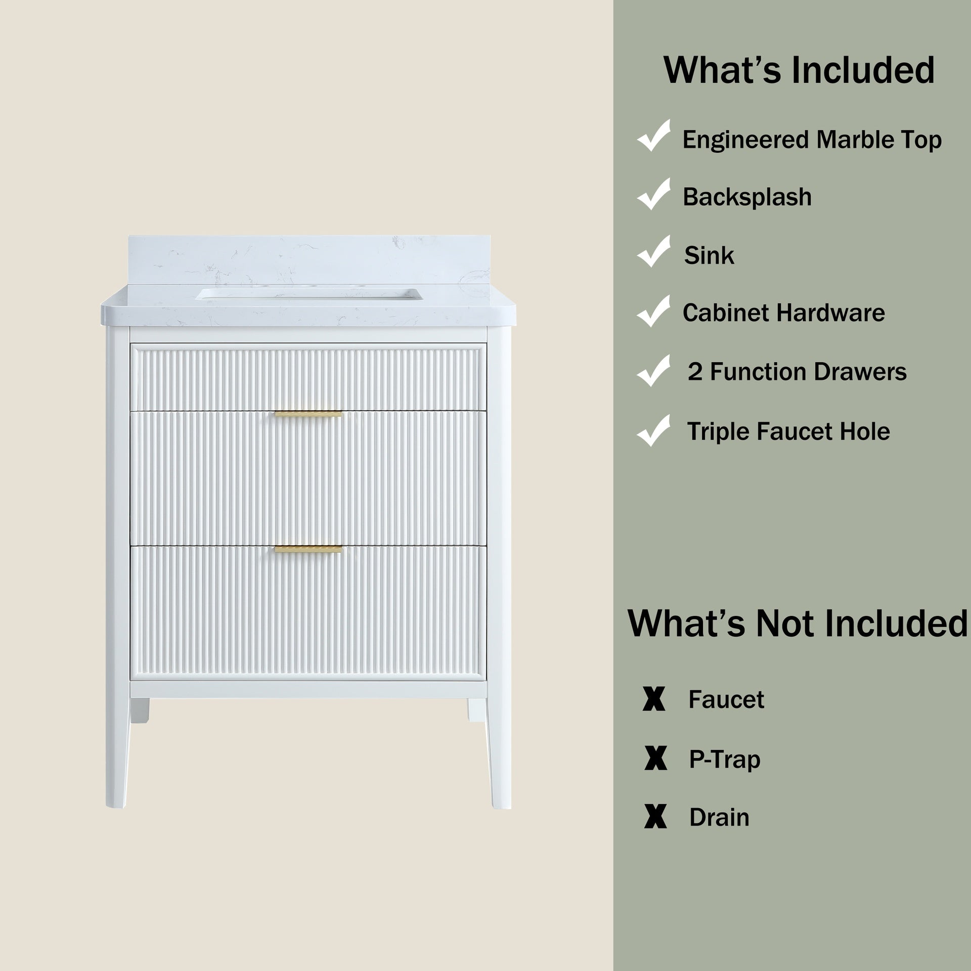 Fully Assembled 30''  White Freestanding Single Sink Bathroom Vanity with Solid Wood Construction and Engineered Marble Top