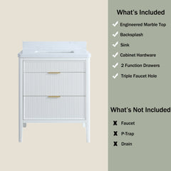 Fully Assembled 30''  White Freestanding Single Sink Bathroom Vanity with Solid Wood Construction and Engineered Marble Top