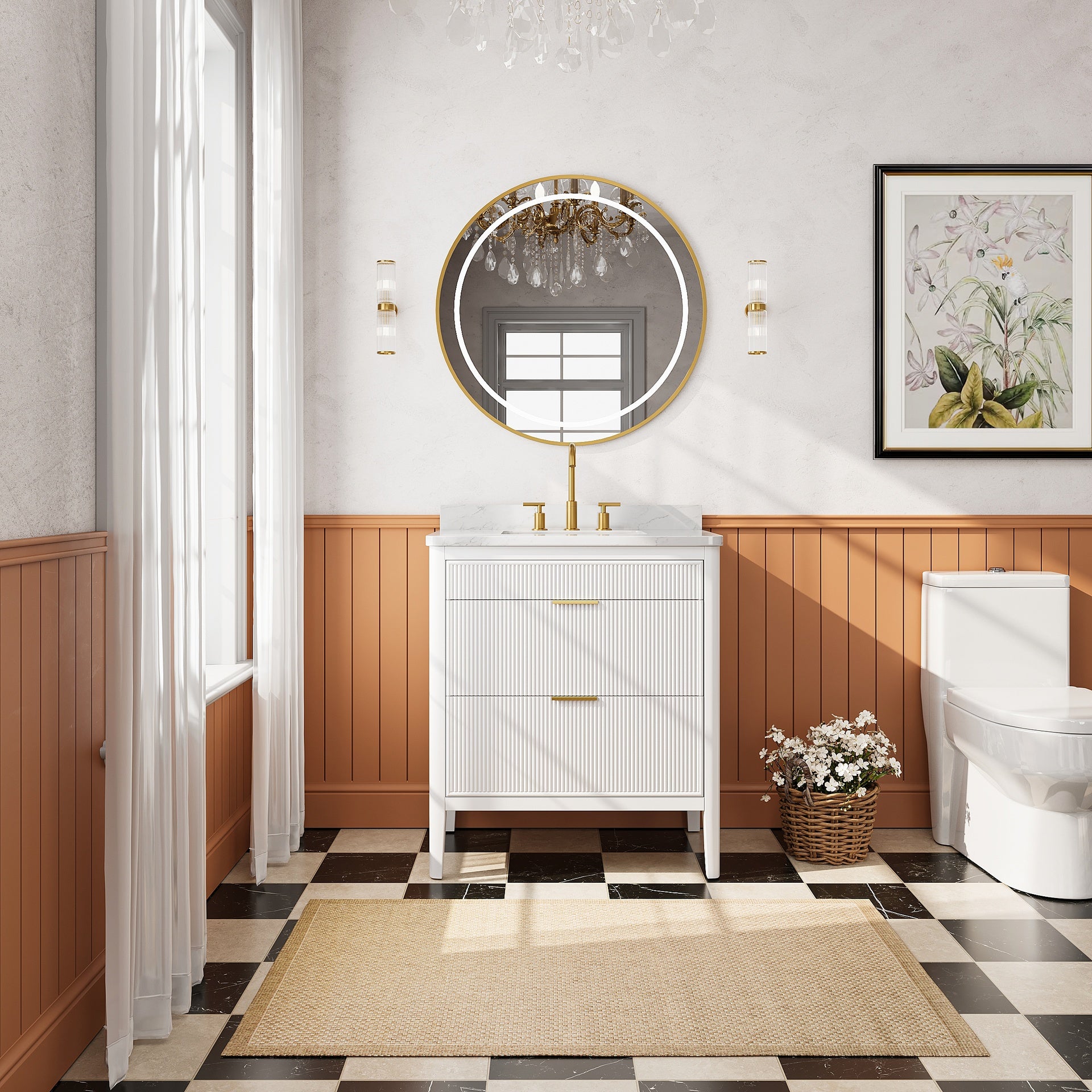 Fully Assembled 30''  White Freestanding Single Sink Bathroom Vanity with Solid Wood Construction and Engineered Marble Top