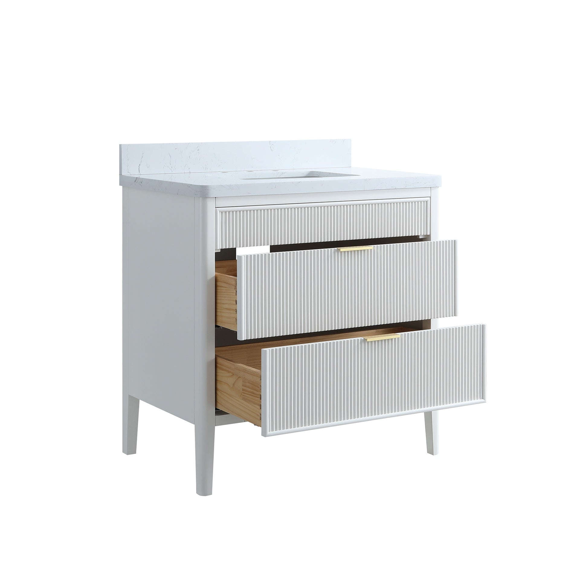 Fully Assembled 30''  White Freestanding Single Sink Bathroom Vanity with Solid Wood Construction and Engineered Marble Top
