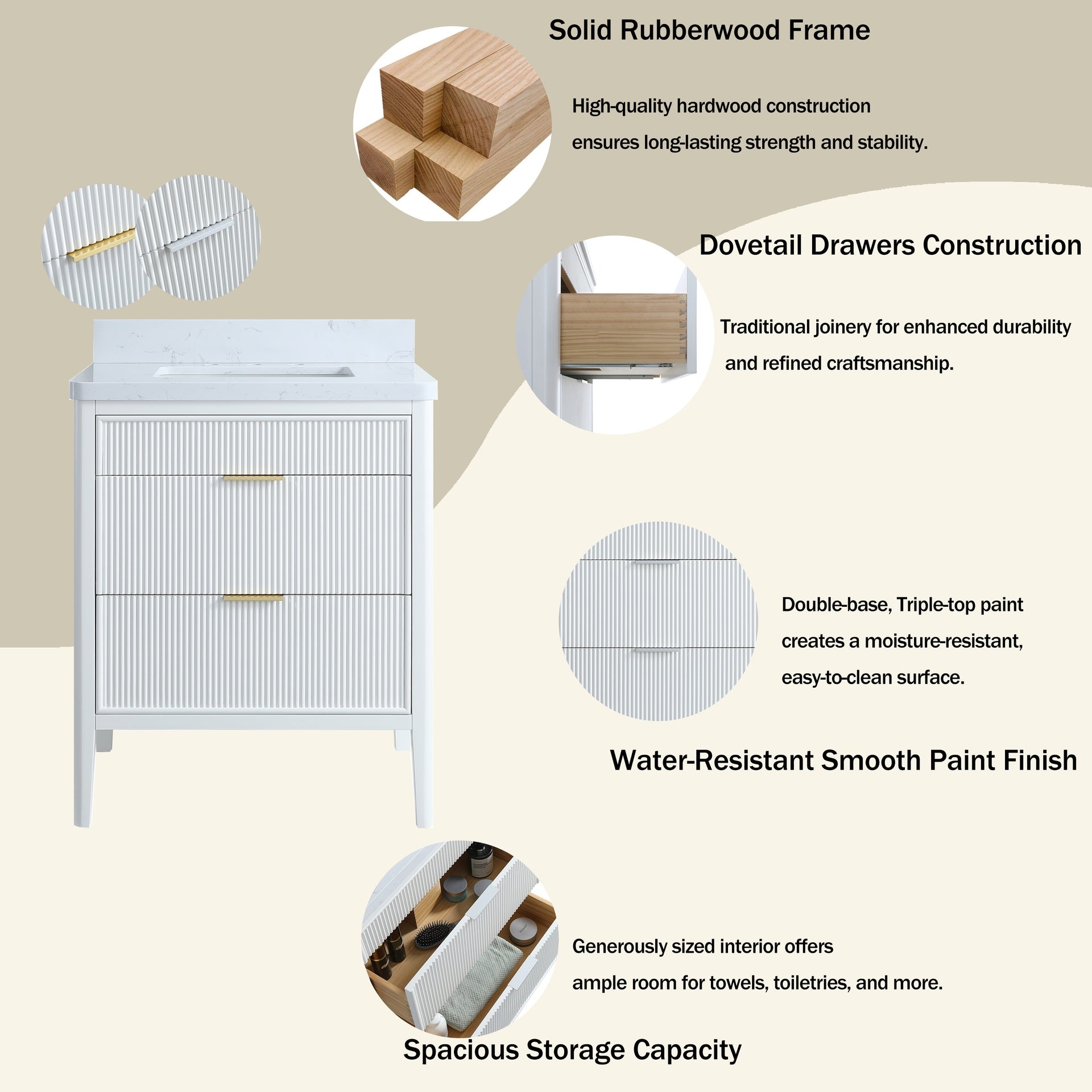 Fully Assembled 30''  White Freestanding Single Sink Bathroom Vanity with Solid Wood Construction and Engineered Marble Top