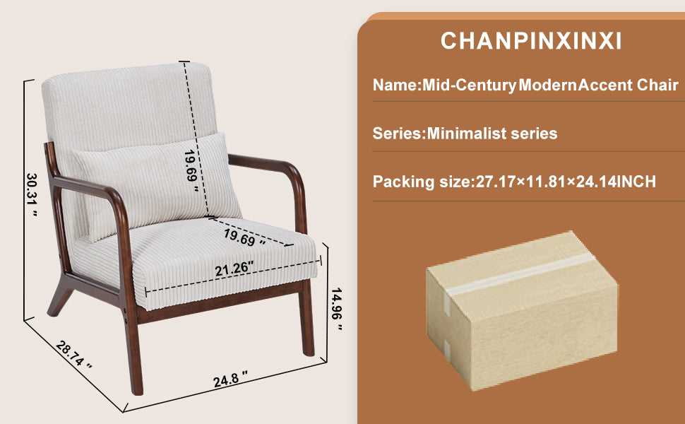 Mid-Century Modern Accent Chair, Arm Chair Living Room Chairs with Pillow Upholstered Reading Chair with Solid Wood Frame & Living Room Bedroom Balcony (beige)