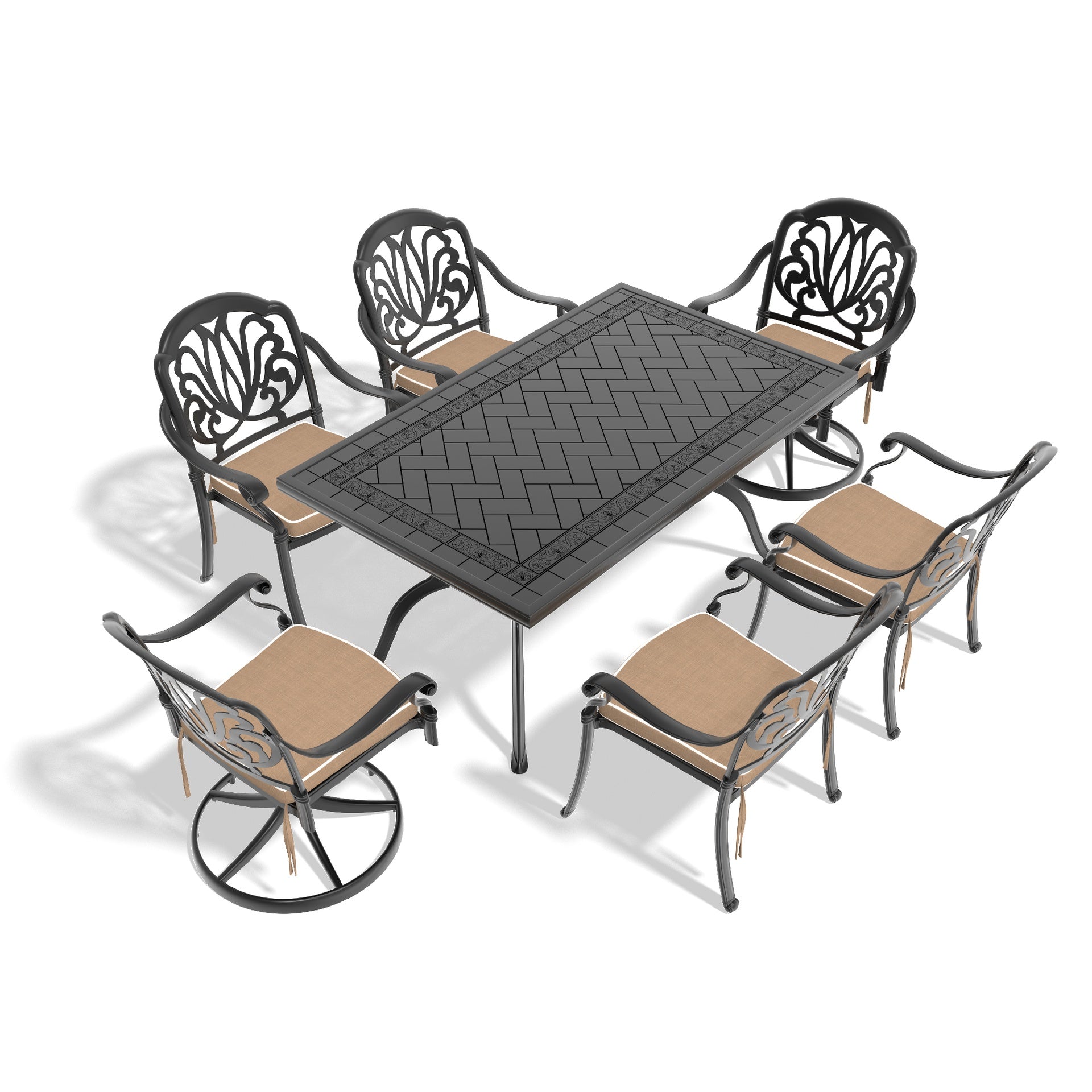 7-Piece All-Weather Cast Aluminum Dining Set, Include 2 Swivel Chairs,4 Dining Chairs and Rectangular Table With Black Frame(same sku:W1710S00370)