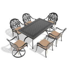 7-Piece All-Weather Cast Aluminum Dining Set, Include 2 Swivel Chairs,4 Dining Chairs and Rectangular Table With Black Frame(same sku:W1710S00370)