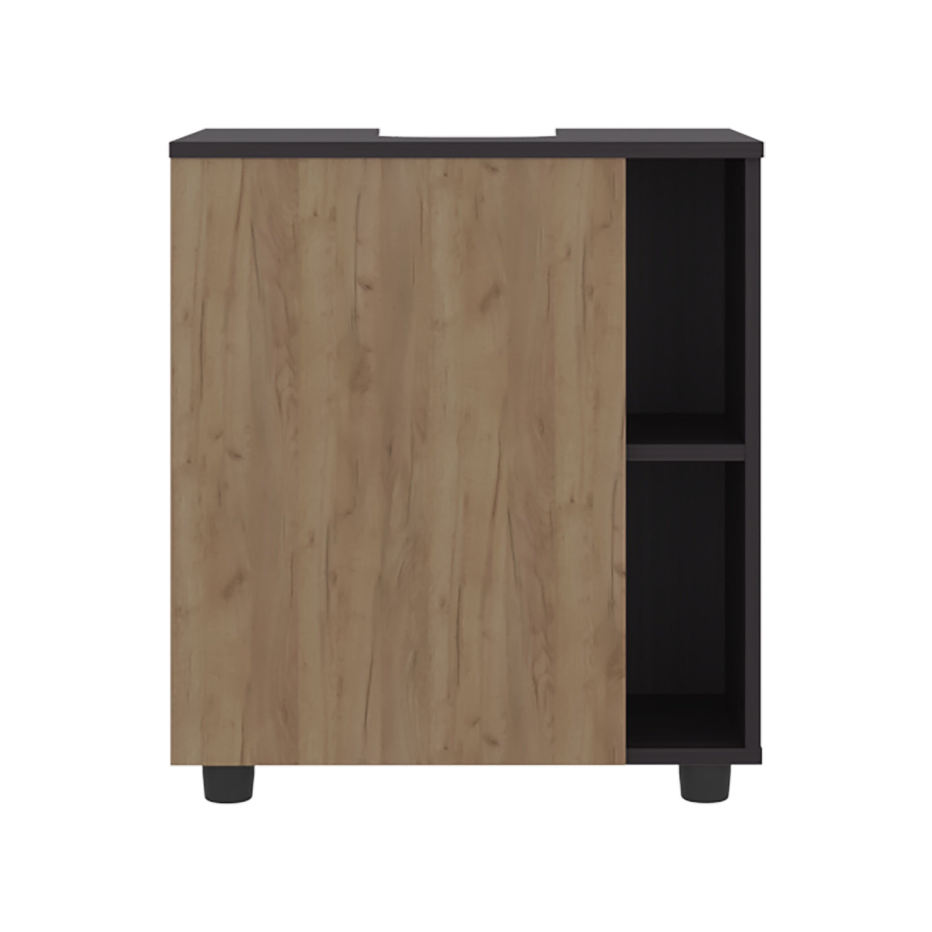 Pascuale Two Side Shelves Under Sink Cabinet with One Doors, Cut-Out Back, Compact 22 Freestanging Bathroom Storage, Black, Natural Oak