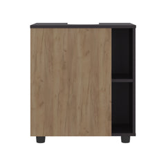 Pascuale Two Side Shelves Under Sink Cabinet with One Doors, Cut-Out Back, Compact 22 Freestanging Bathroom Storage, Black, Natural Oak