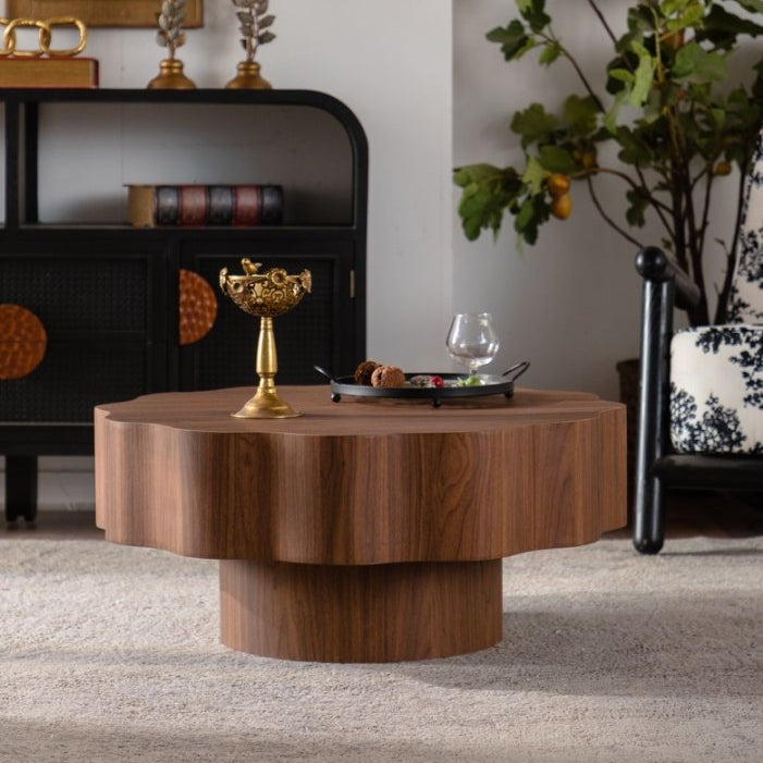 31.5" Scalloped Edge Coffee Table - Walnut MDF Wood Grain Sticker Center Table, Modern Irregular Round Coffee Table for Living Room/Bedroom (Easy Assembly)