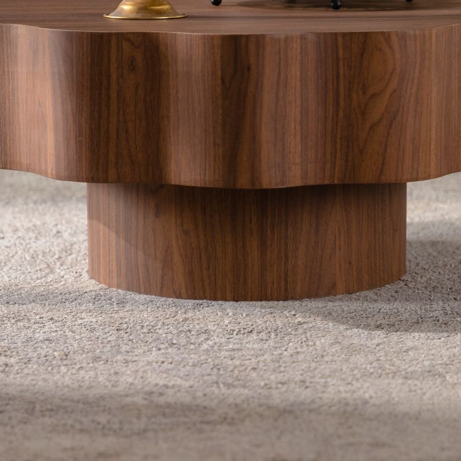31.5" Scalloped Edge Coffee Table - Walnut MDF Wood Grain Sticker Center Table, Modern Irregular Round Coffee Table for Living Room/Bedroom (Easy Assembly)