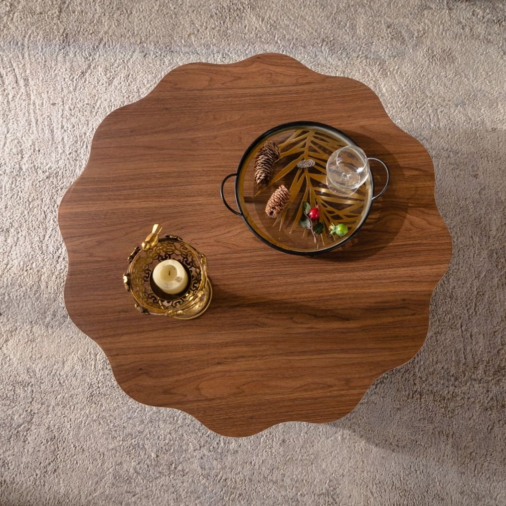 31.5" Scalloped Edge Coffee Table - Walnut MDF Wood Grain Sticker Center Table, Modern Irregular Round Coffee Table for Living Room/Bedroom (Easy Assembly)