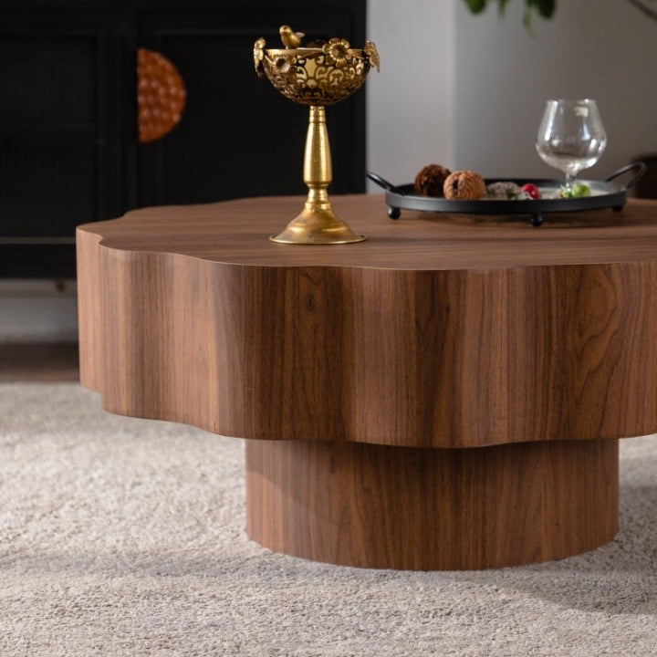 31.5" Scalloped Edge Coffee Table - Walnut MDF Wood Grain Sticker Center Table, Modern Irregular Round Coffee Table for Living Room/Bedroom (Easy Assembly)