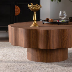 31.5" Scalloped Edge Coffee Table - Walnut MDF Wood Grain Sticker Center Table, Modern Irregular Round Coffee Table for Living Room/Bedroom (Easy Assembly)