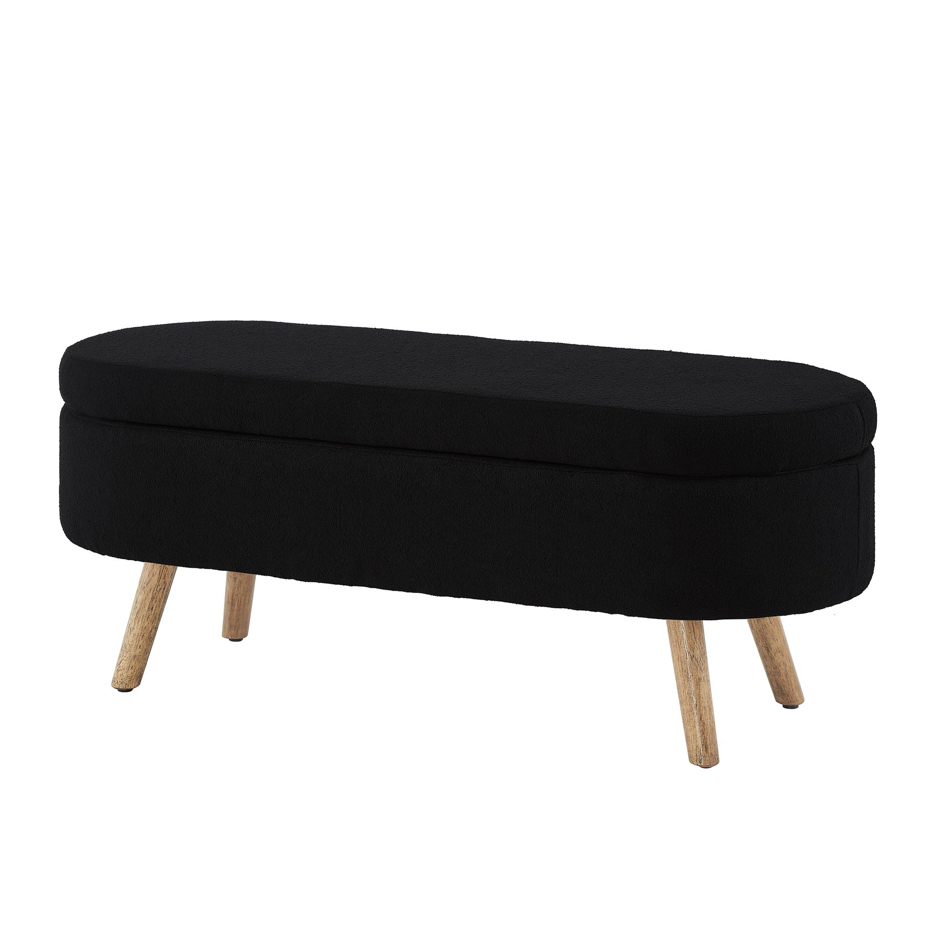 Luxury Oval Boucle Storage Ottoman Bench with Wood Legs 350lb Weight Capacity & Safety Hinge, for Living Room, Bedroom Entryway,BLACK