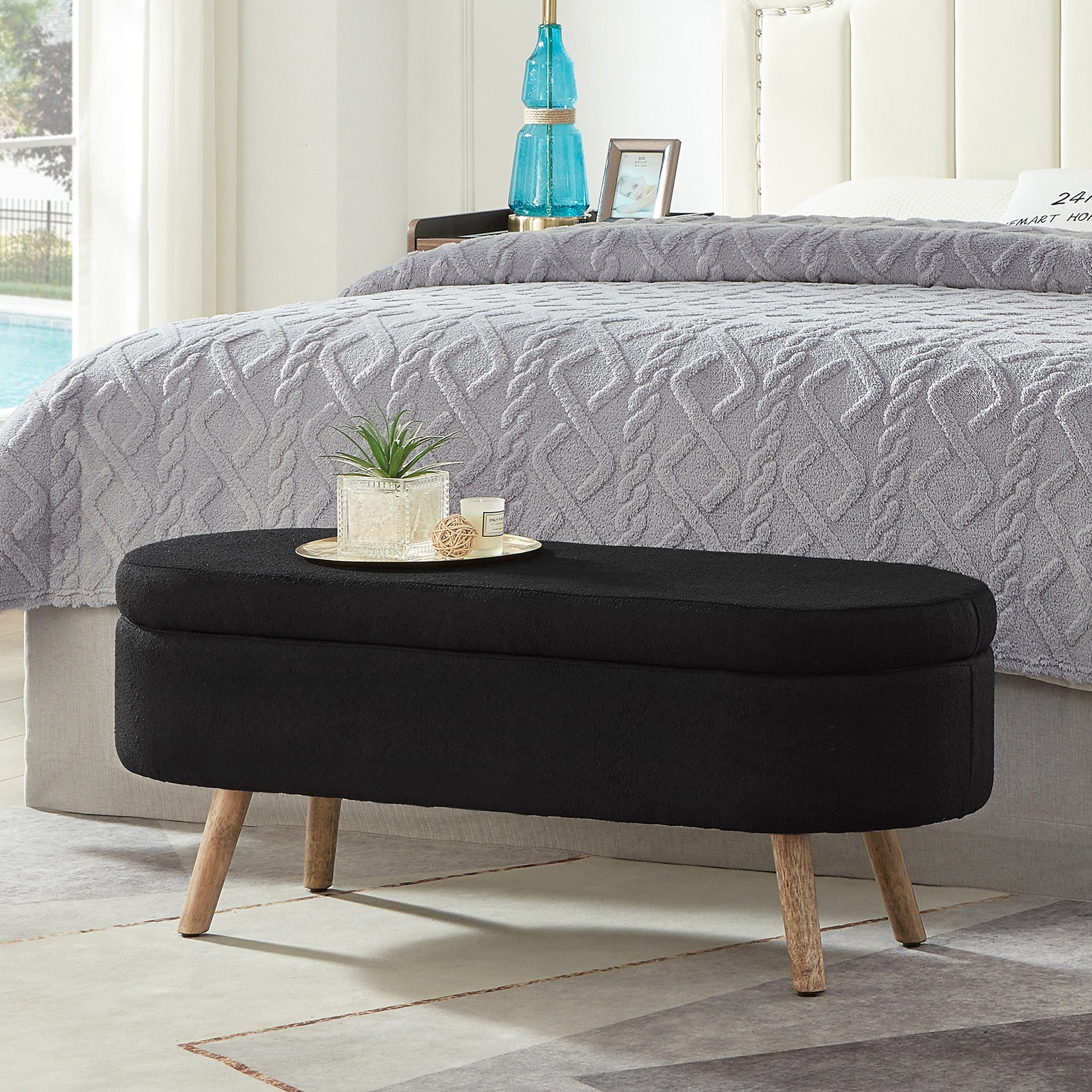 Luxury Oval Boucle Storage Ottoman Bench with Wood Legs 350lb Weight Capacity & Safety Hinge, for Living Room, Bedroom Entryway,BLACK