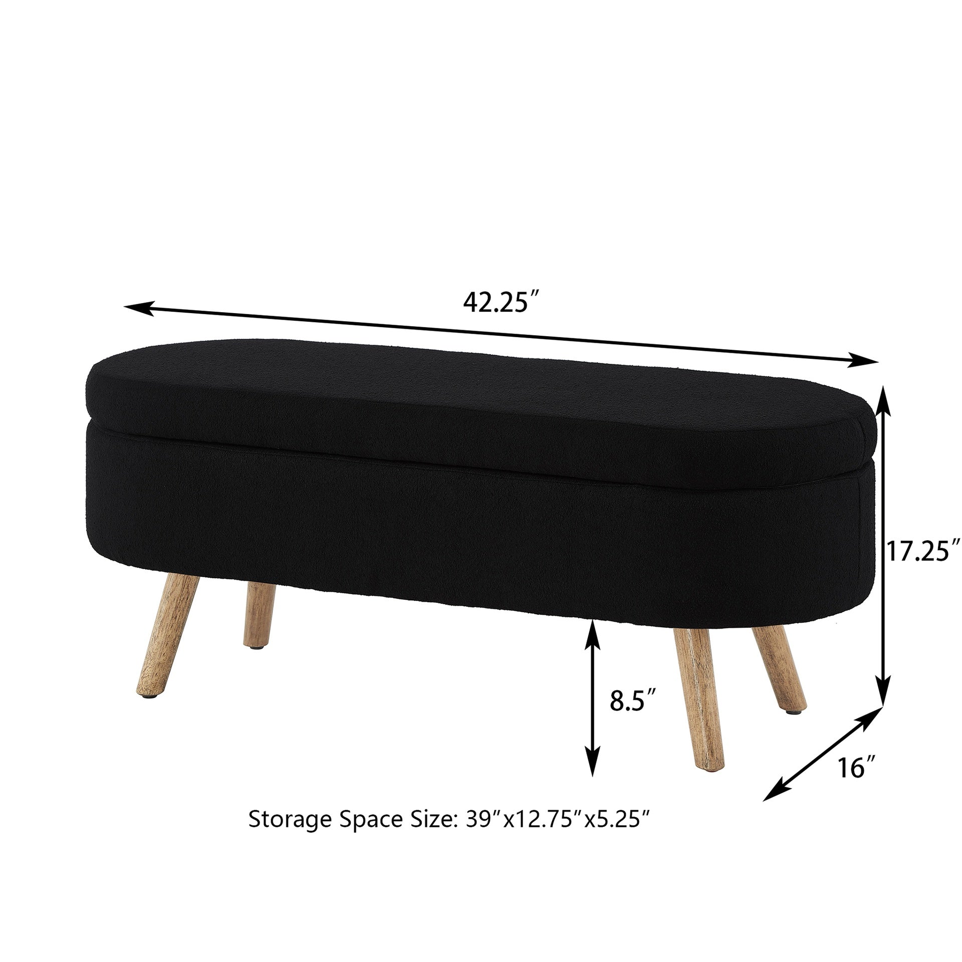 Luxury Oval Boucle Storage Ottoman Bench with Wood Legs 350lb Weight Capacity & Safety Hinge, for Living Room, Bedroom Entryway,BLACK
