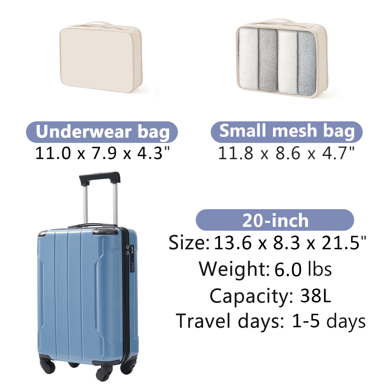 20-Inch Hardshell Carry-On Luggage, Lightweight Durable ABS Suitcase with Spinner Wheels, Built-in TSA Lock, 2 Packing Cubes, Blue-gray