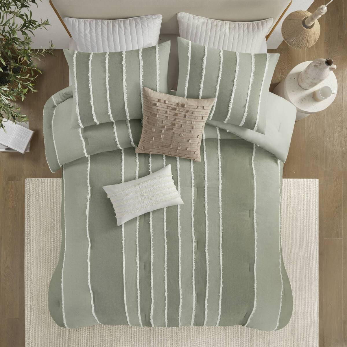 3 Piece Striped Cotton Comforter Set Sage King/Cal King