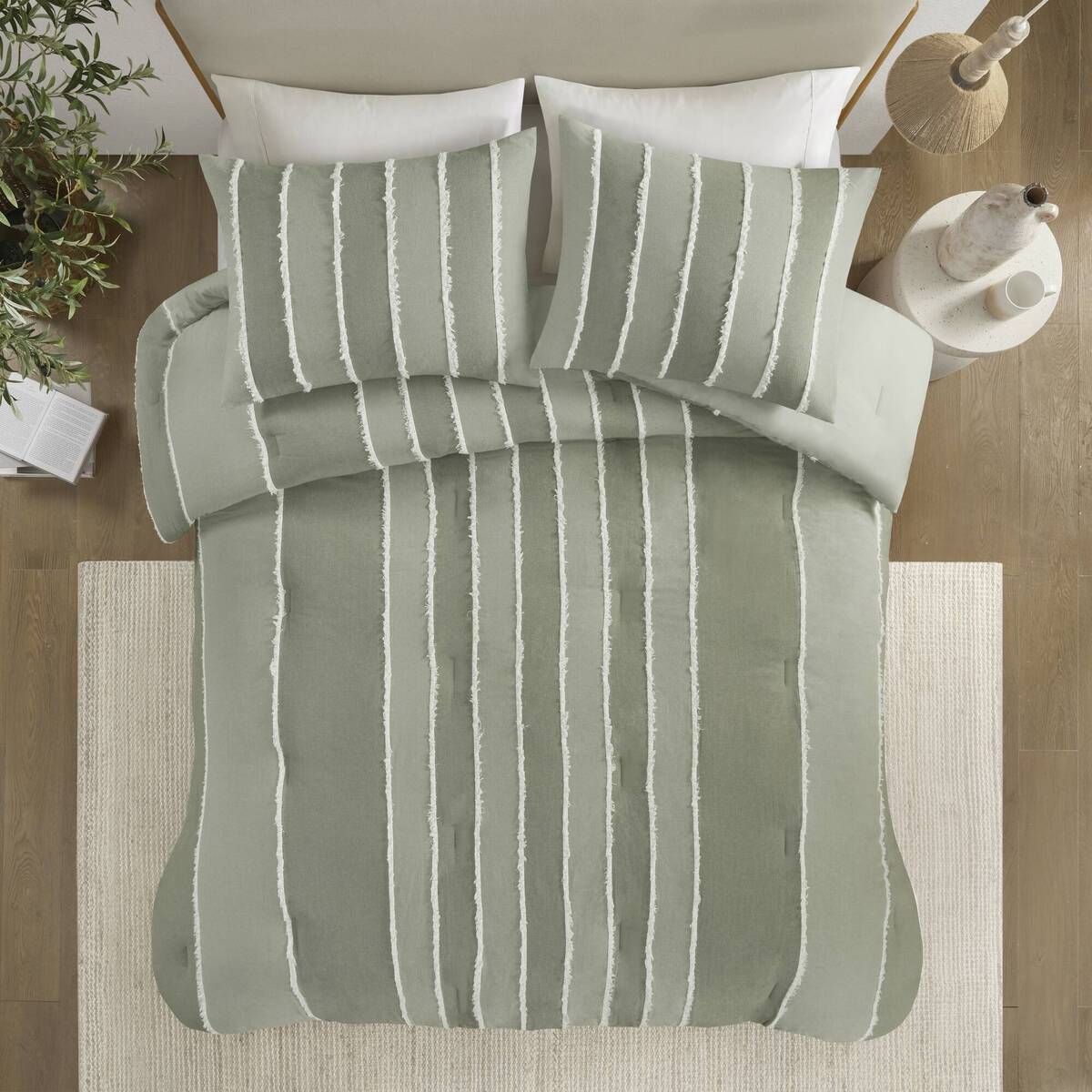 3 Piece Striped Cotton Comforter Set Sage King/Cal King