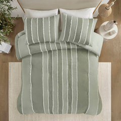 3 Piece Striped Cotton Comforter Set Sage King/Cal King
