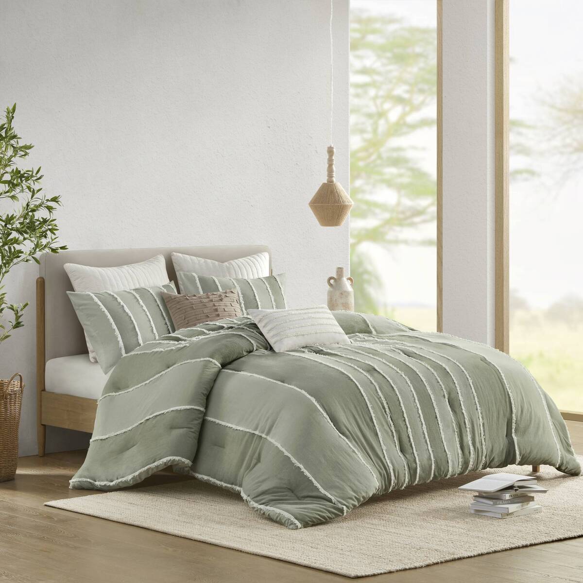 3 Piece Striped Cotton Comforter Set Sage King/Cal King