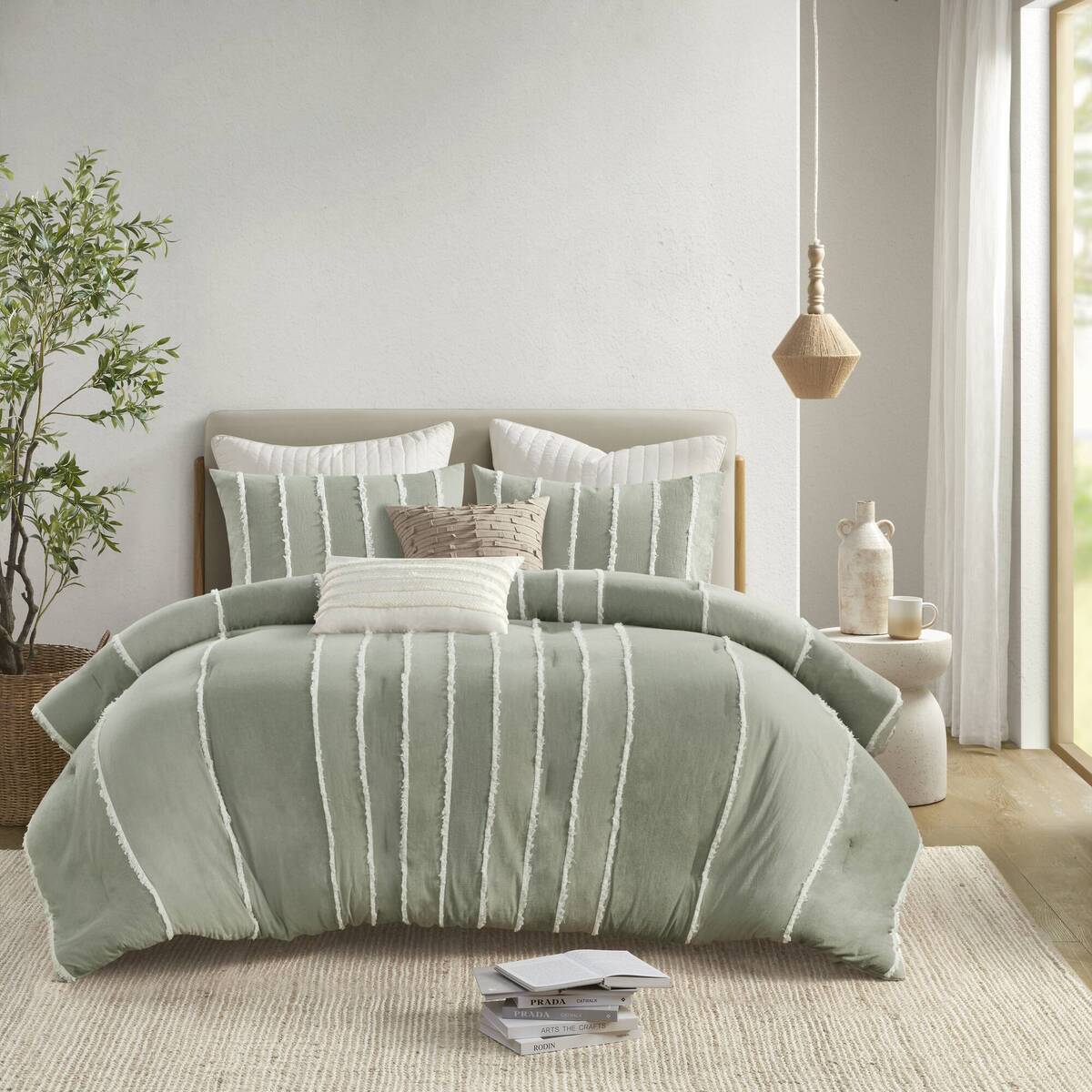 3 Piece Striped Cotton Comforter Set Sage King/Cal King