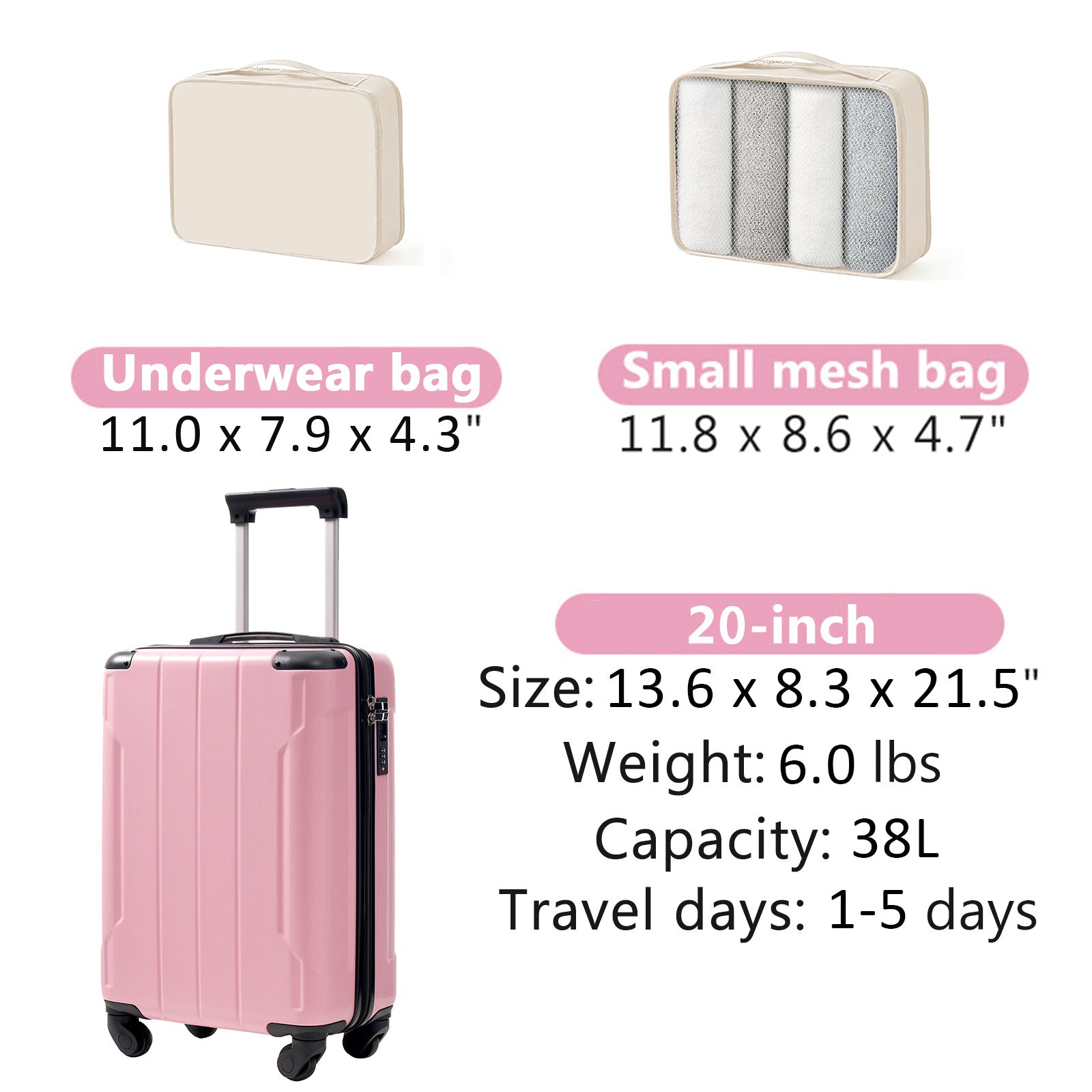 20-Inch Hardshell Carry-On Luggage, Lightweight Durable ABS Suitcase with Spinner Wheels, Built-in TSA Lock, 2 Packing Cubes, Pink