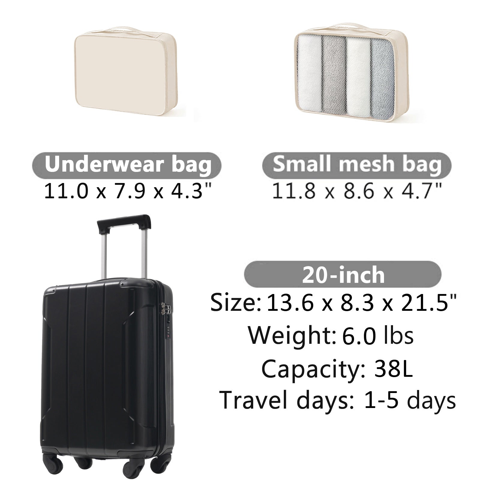 20-Inch Hardshell Carry-On Luggage, Lightweight Durable ABS Suitcase with Spinner Wheels, Built-in TSA Lock, 2 Packing Cubes, Black