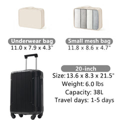 20-Inch Hardshell Carry-On Luggage, Lightweight Durable ABS Suitcase with Spinner Wheels, Built-in TSA Lock, 2 Packing Cubes, Black