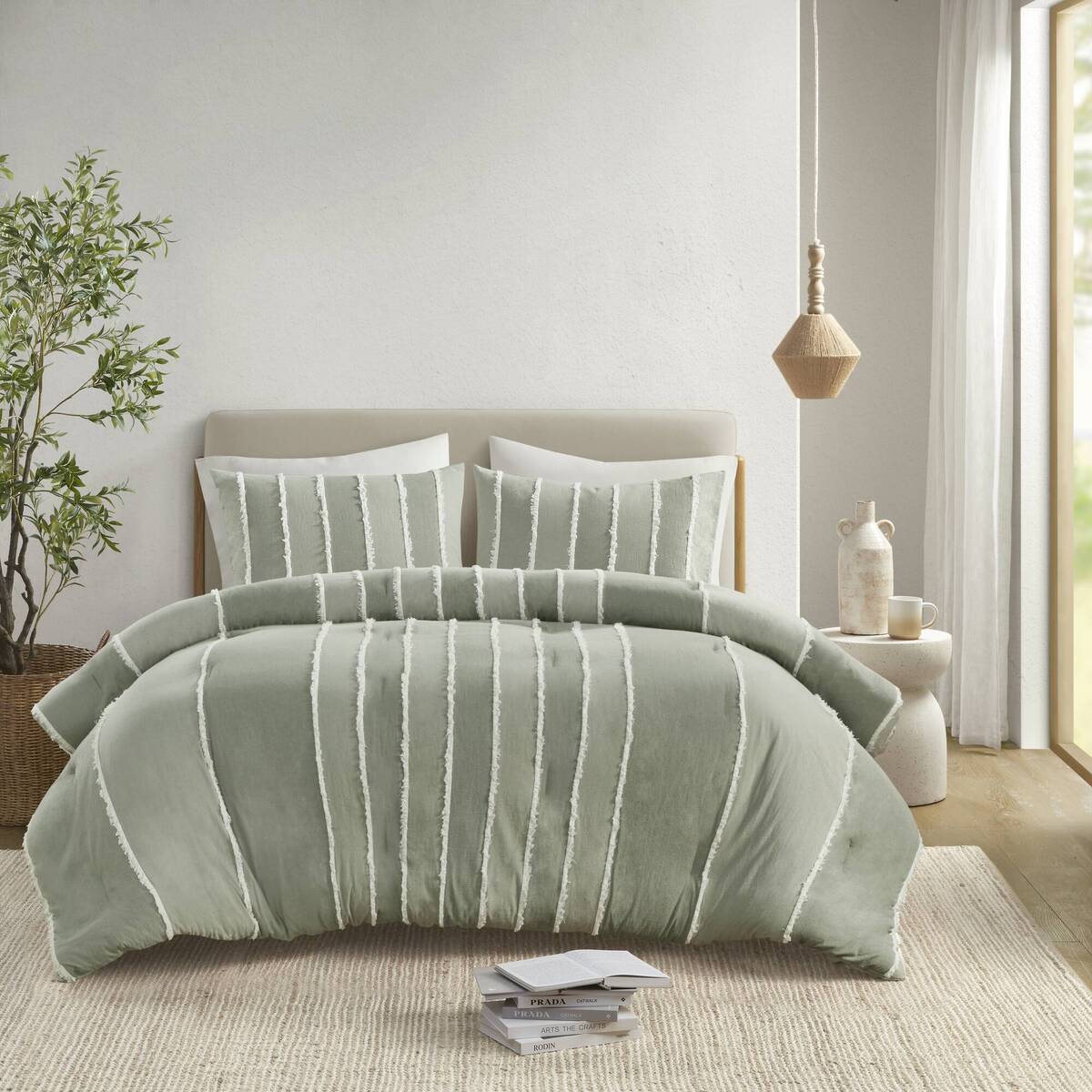 3 Piece Striped Cotton Comforter Set Sage Full/Queen