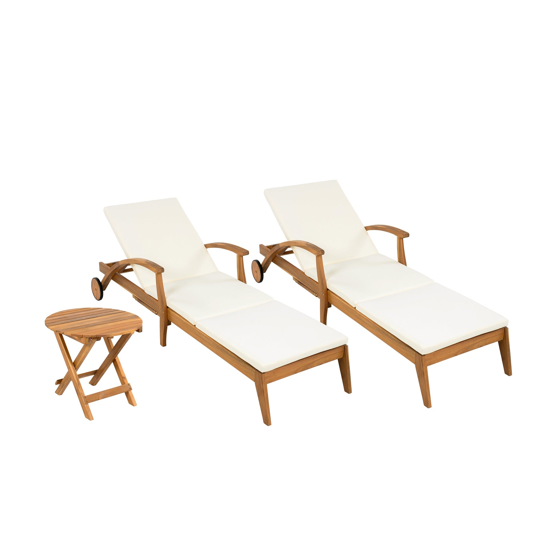 OUTDOOR RECLINER SIDE TABLE SET - COMES WITH 2 INCH CUSHION AND ADJUSTABLE BACKREST CHAISE LOUNGE WITH WHEEL & FOLDABLE AND ADJUSTABLE ACACIA WOOD SIDE TABLE FOR POOLSIDE PORCH