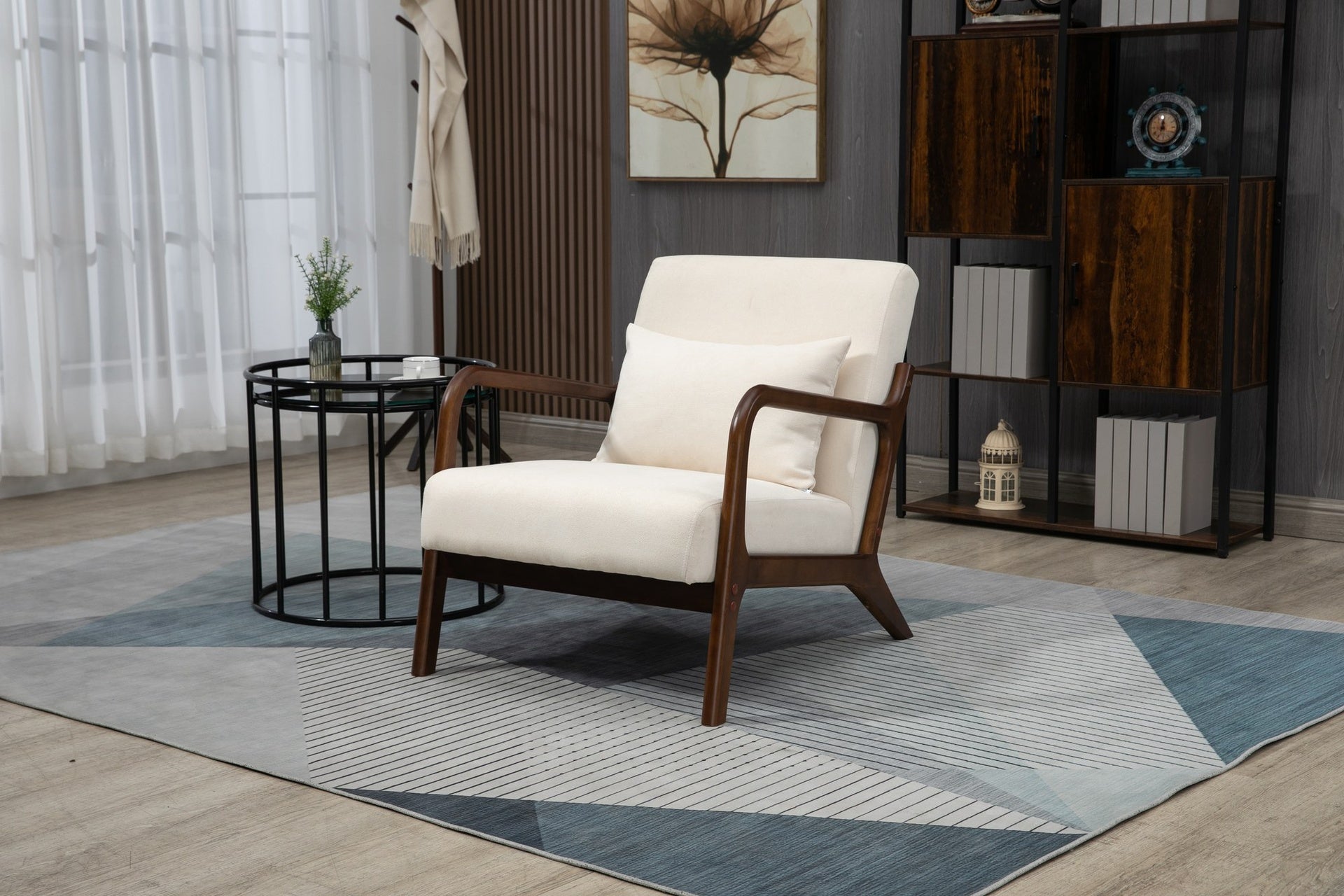 Mid Century Modern Accent Chair with Wood Frame, Upholstered Living Room Chairs with Waist Cushion, Reading Armchair for Bedroom Sunroom