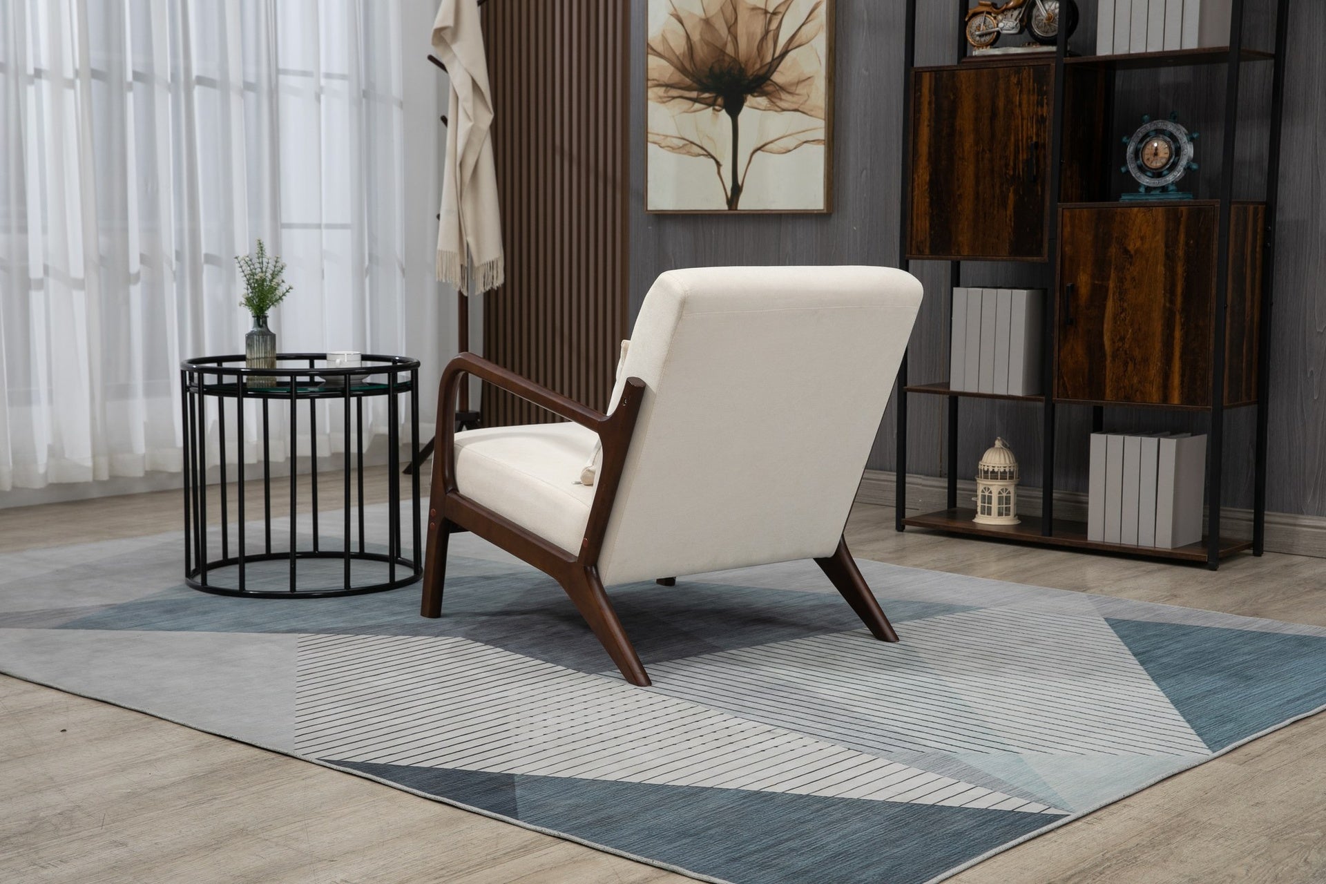 Mid Century Modern Accent Chair with Wood Frame, Upholstered Living Room Chairs with Waist Cushion, Reading Armchair for Bedroom Sunroom