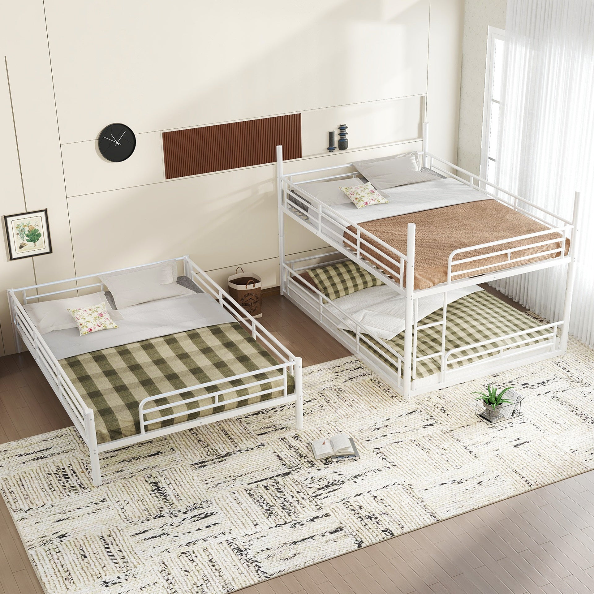 Queen over Queen over Queen Bunk Bed, Metal Triple Bunk Bed with Safety Guardrails, Heavy-duty Bunk Bed with Noise-reduced Design, White