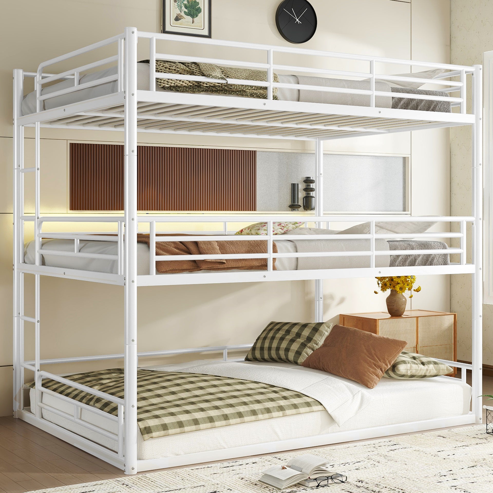 Queen over Queen over Queen Bunk Bed, Metal Triple Bunk Bed with Safety Guardrails, Heavy-duty Bunk Bed with Noise-reduced Design, White