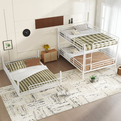 Queen over Queen over Queen Bunk Bed, Metal Triple Bunk Bed with Safety Guardrails, Heavy-duty Bunk Bed with Noise-reduced Design, White
