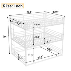 Queen over Queen over Queen Bunk Bed, Metal Triple Bunk Bed with Safety Guardrails, Heavy-duty Bunk Bed with Noise-reduced Design, White